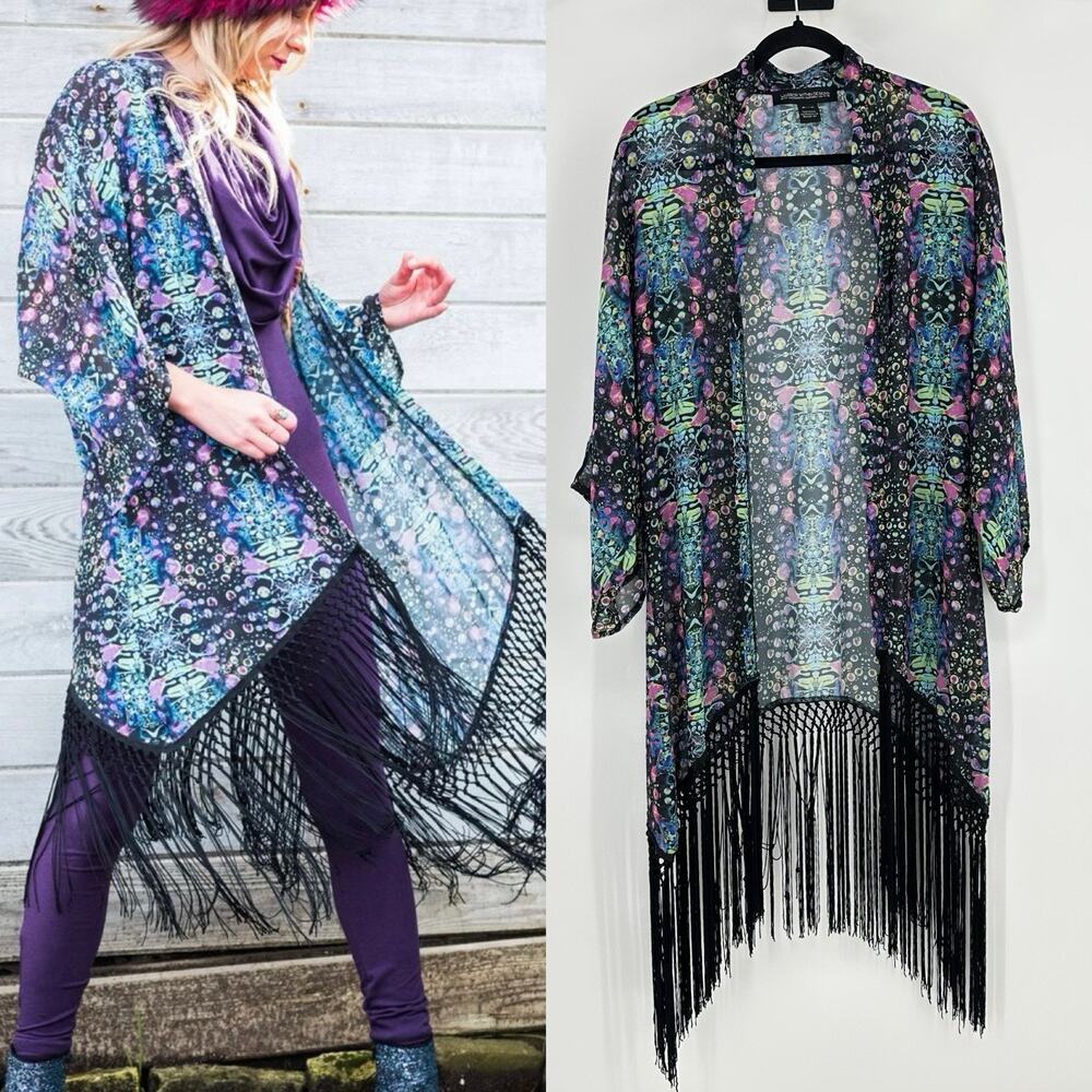 Warrior Within Design Womens Chiffon Kimono Fringe Art To Wear Festival Boho
